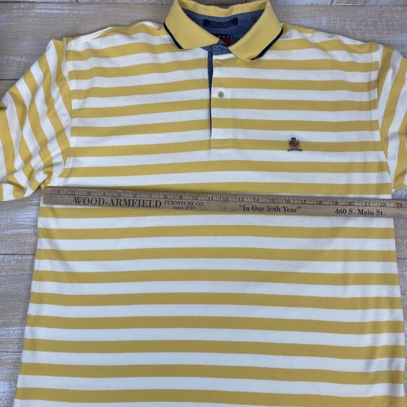 VTG Tommy Hilfiger Mens Long Sleeve Polo Shirt L Yellow Stripe Crest 1/4 Button - Picture 8 of 9